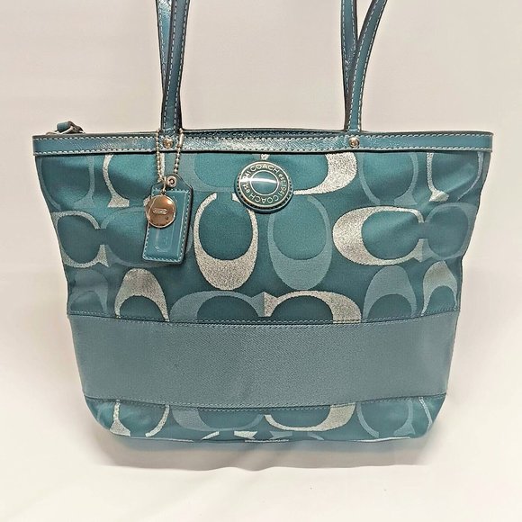 COACH F20429 Signature Stripe Metallic Turquoise Tote Shoulder Bag Purse EUC - Picture 2 of 14